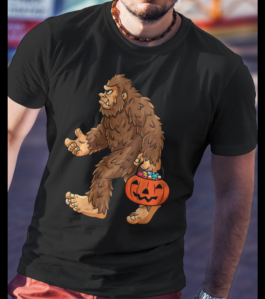 Bigfoot Carrying Jack O Lantern Halloween Candy T-Shirt