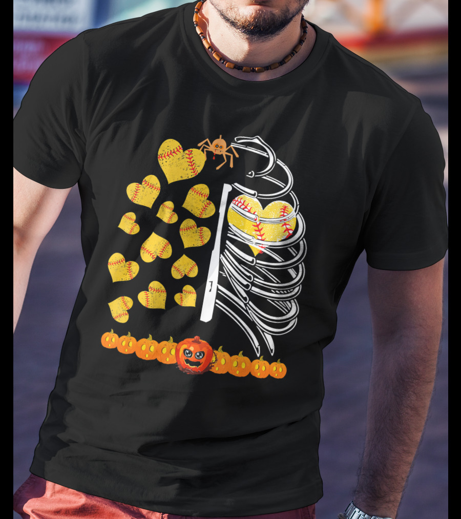 Funny Halloween Skeleton Softball Hearts Pumpkins Spider T-Shirt