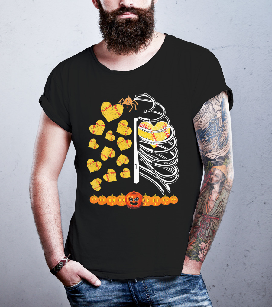 Funny Halloween Skeleton Softball Hearts Pumpkins Spider T-Shirt