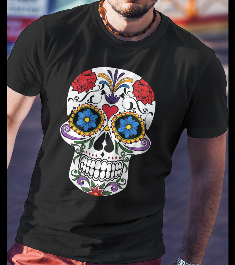 Day Of Dead Sugar Skull With Roses And Flowers T-Shirt