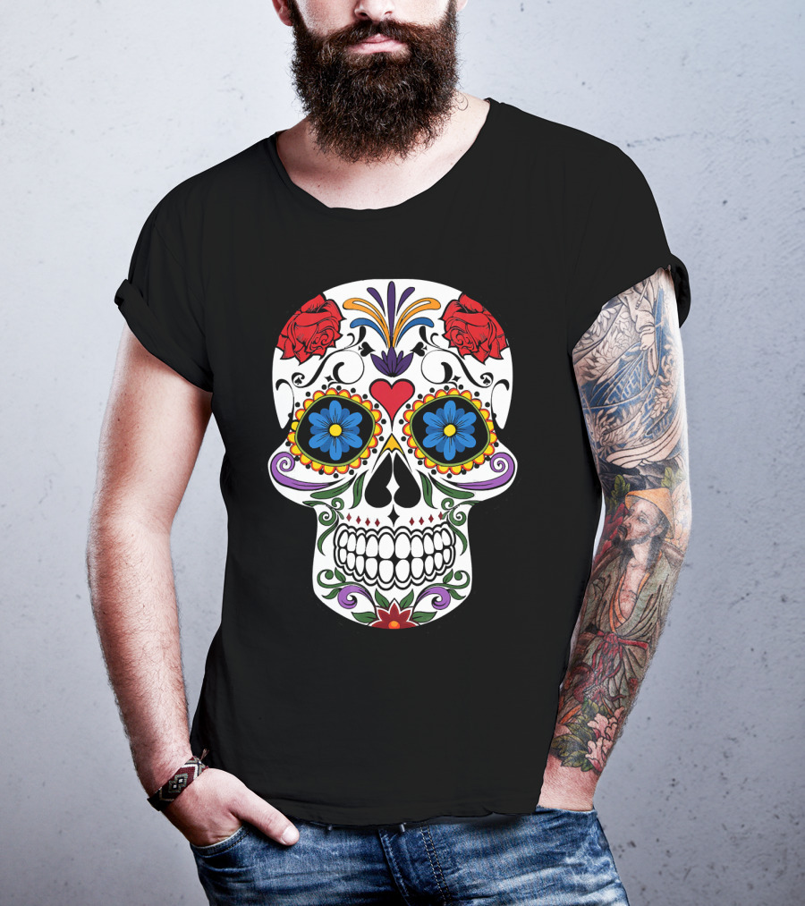 Day Of Dead Sugar Skull With Roses And Flowers T-Shirt