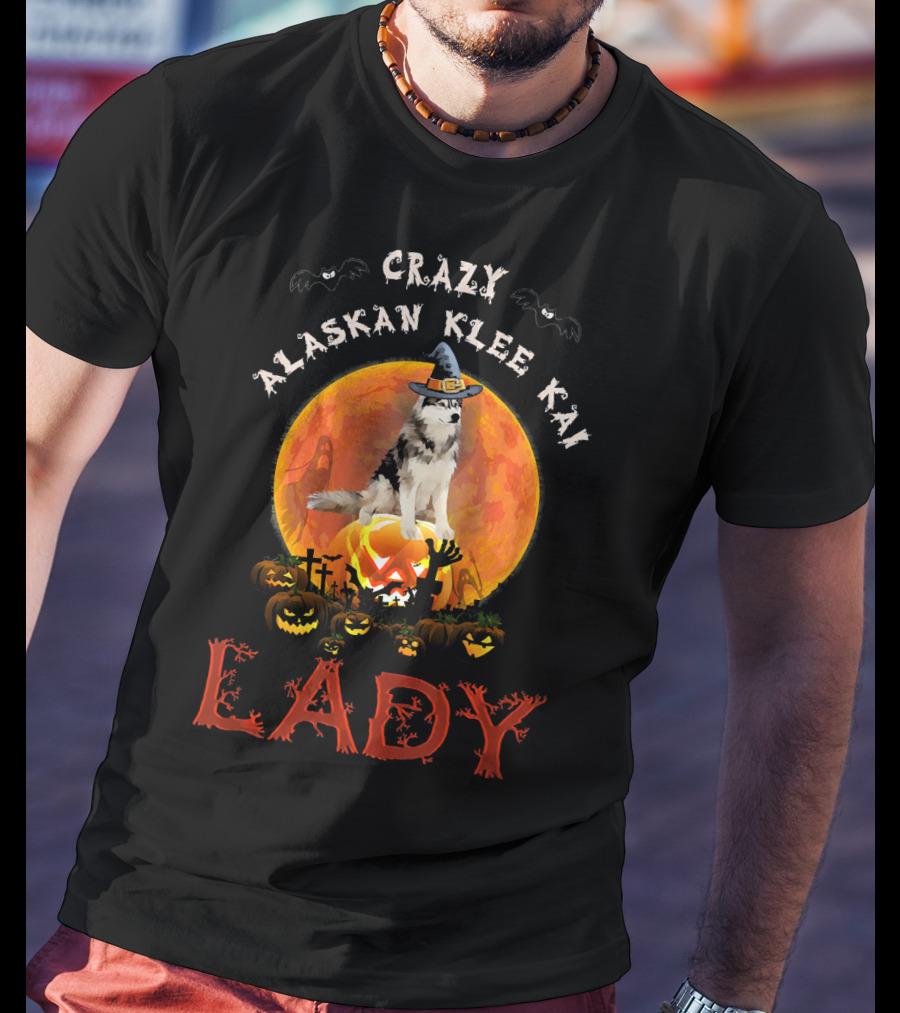 Crazy Alaskan Klee Kai Lady Halloween Moon Pumpkin Graveyard T-Shirt