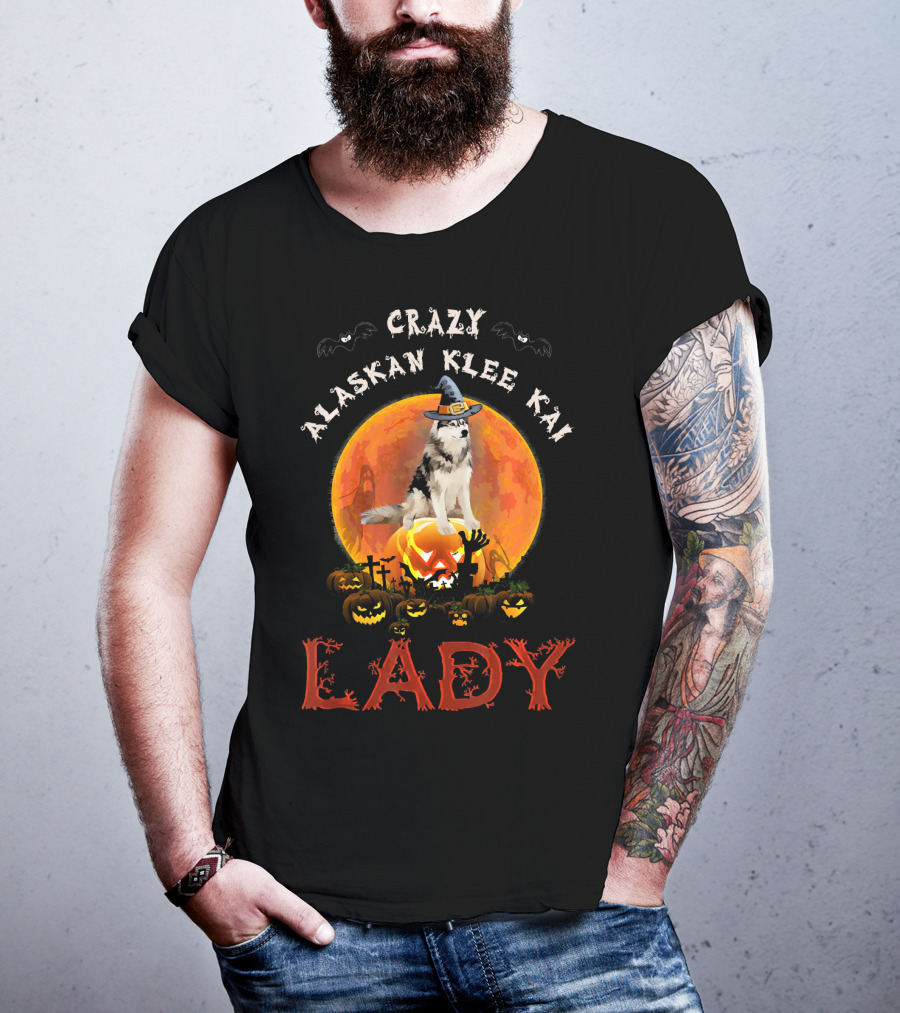 Crazy Alaskan Klee Kai Lady Halloween Moon Pumpkin Graveyard T-Shirt
