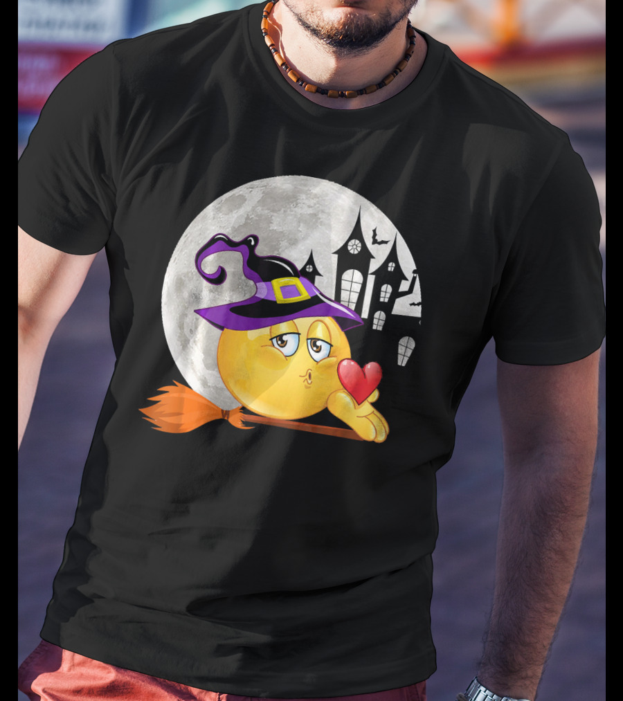 Kissing Face Emoji Witch Hat Broomstick With Heart In Front Of Spooky House And Full Moon T-Shirt