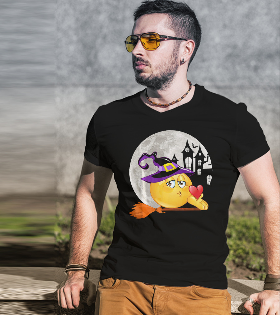 Kissing Face Emoji Witch Hat Broomstick With Heart In Front Of Spooky House And Full Moon T-Shirt