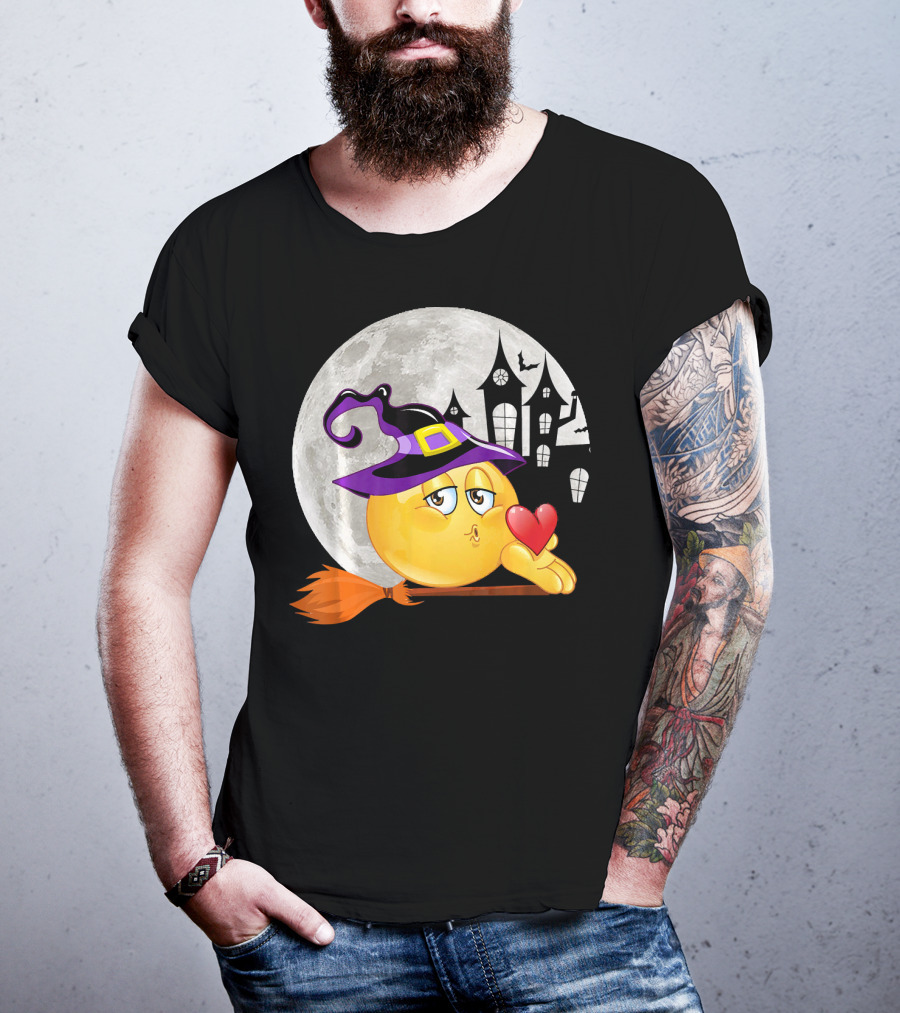 Kissing Face Emoji Witch Hat Broomstick With Heart In Front Of Spooky House And Full Moon T-Shirt