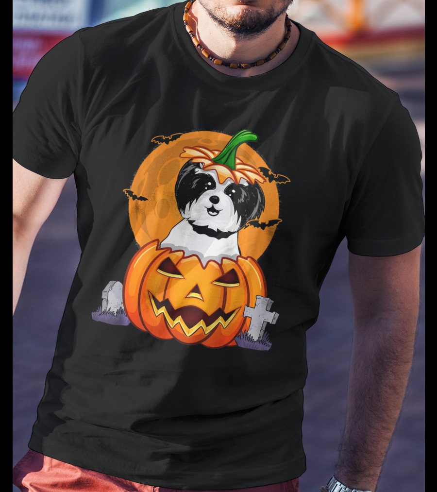 Funny Shih Tzu Pumpkin Halloween Moon Bats Graveyard T-Shirt
