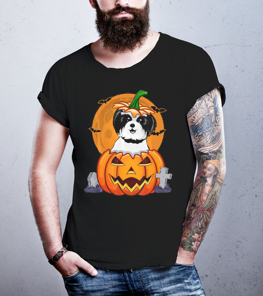 Funny Shih Tzu Pumpkin Halloween Moon Bats Graveyard T-Shirt
