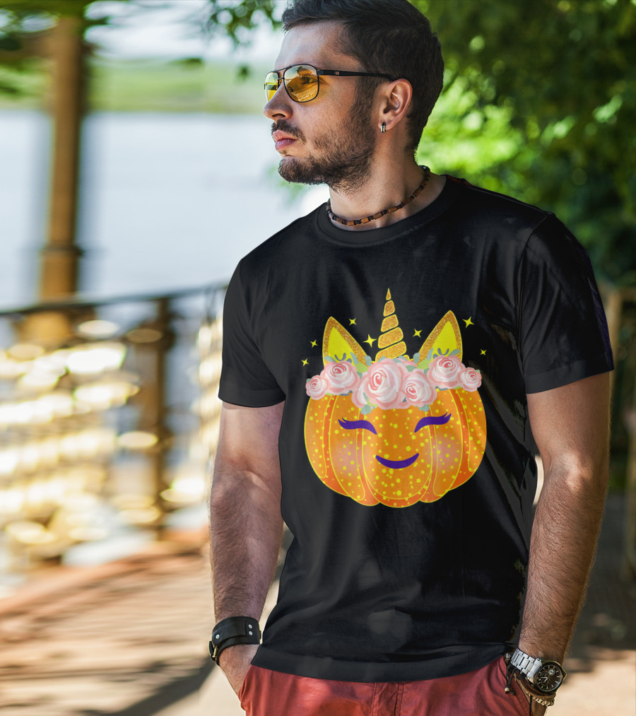 Smiling Unicorn Pumpkin With Flowers And Stars T-Shirt