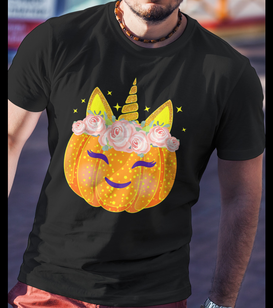 Smiling Unicorn Pumpkin With Flowers And Stars T-Shirt