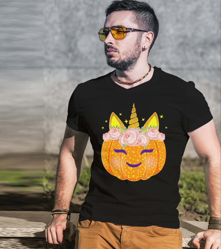 Smiling Unicorn Pumpkin With Flowers And Stars T-Shirt