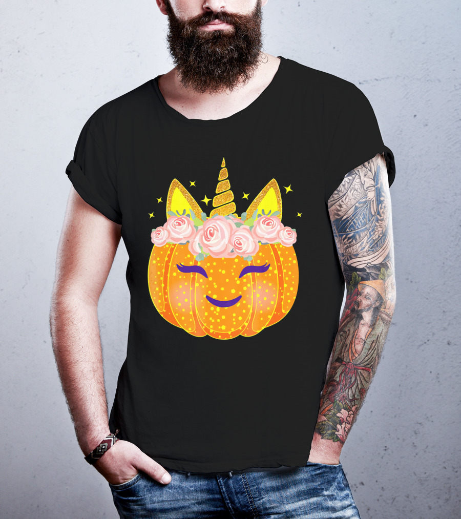 Smiling Unicorn Pumpkin With Flowers And Stars T-Shirt