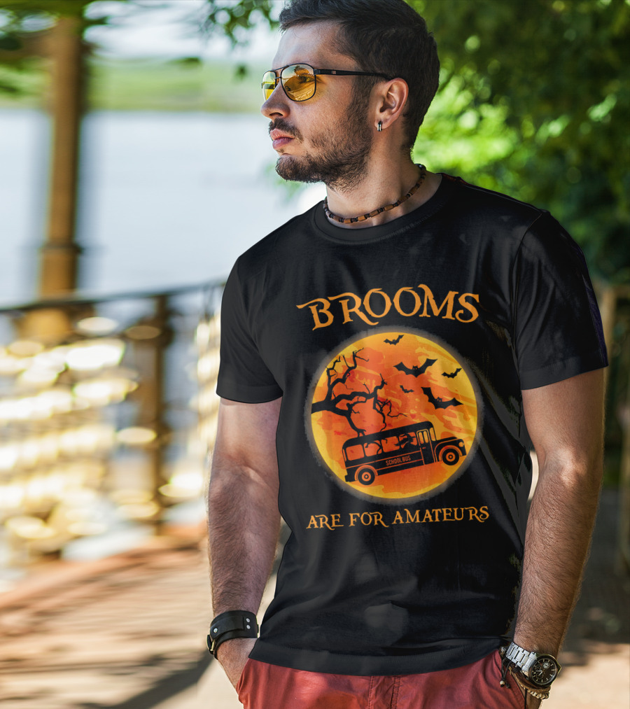Brooms Are For Amateurs School Bus Halloween Scene T-Shirt