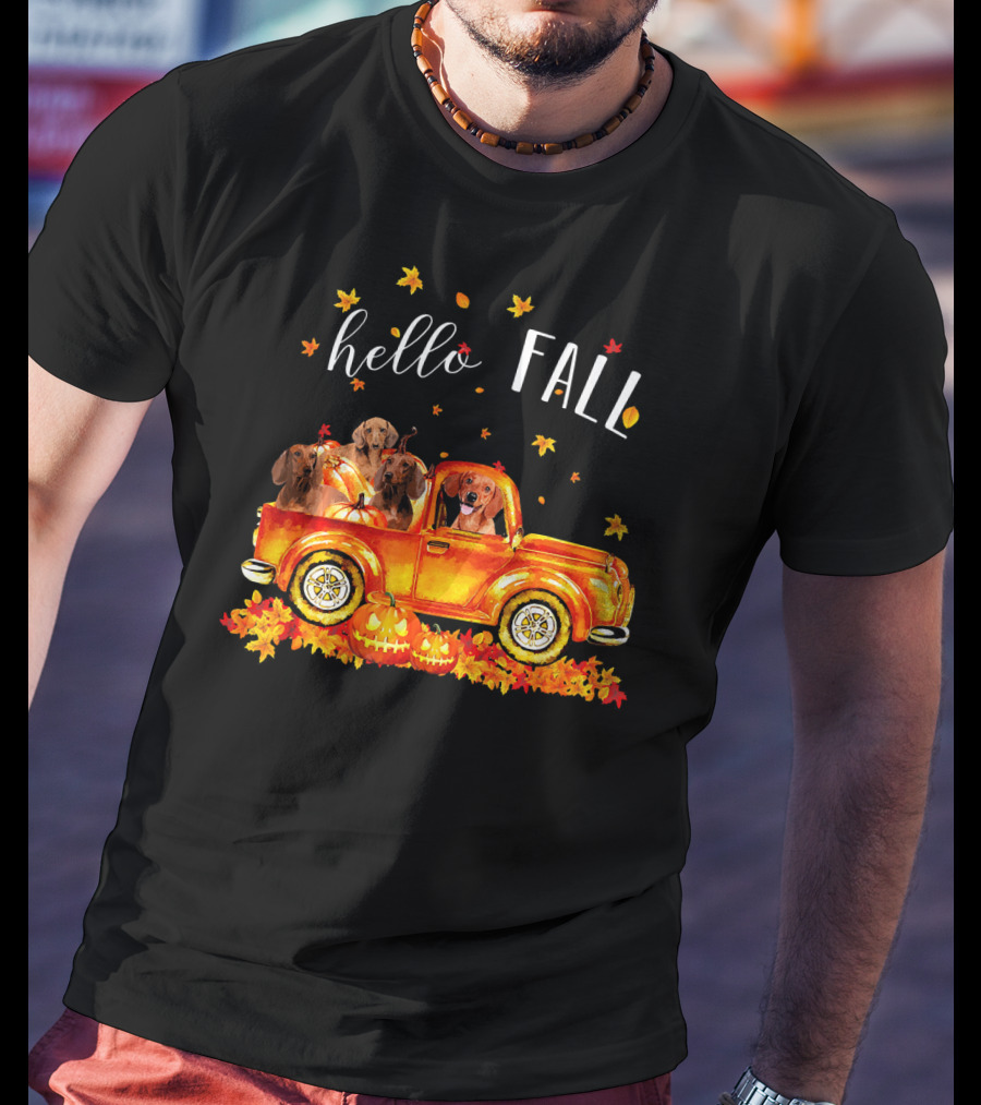 Hello Fall Dachshund Pumpkins Leaves Truck T-Shirt