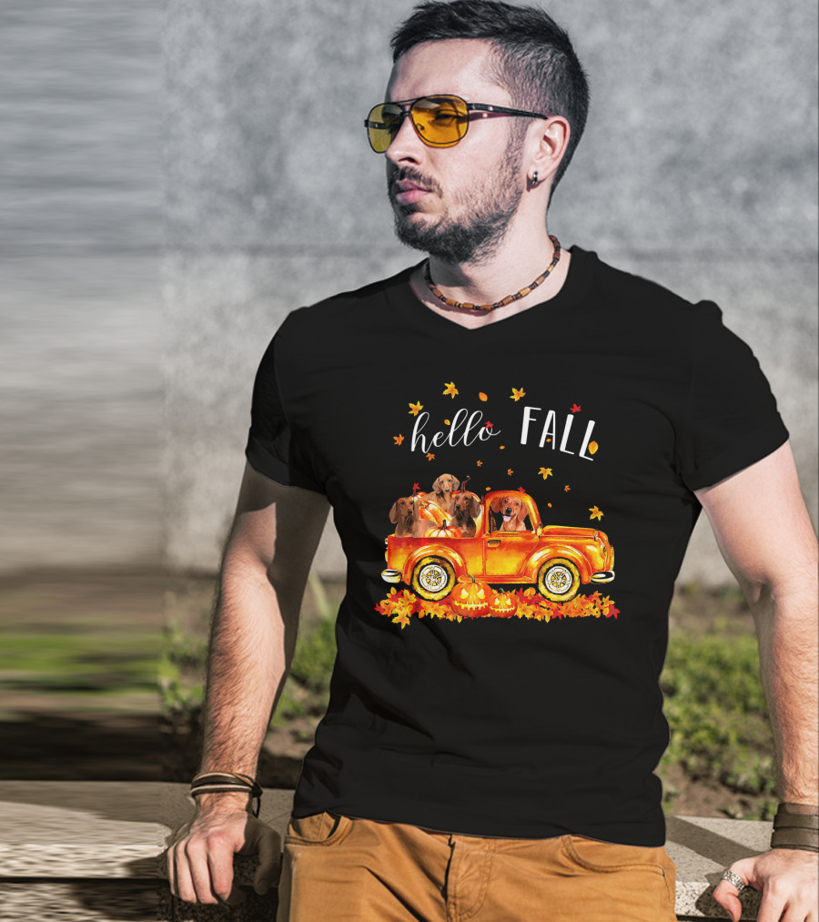 Hello Fall Dachshund Pumpkins Leaves Truck T-Shirt
