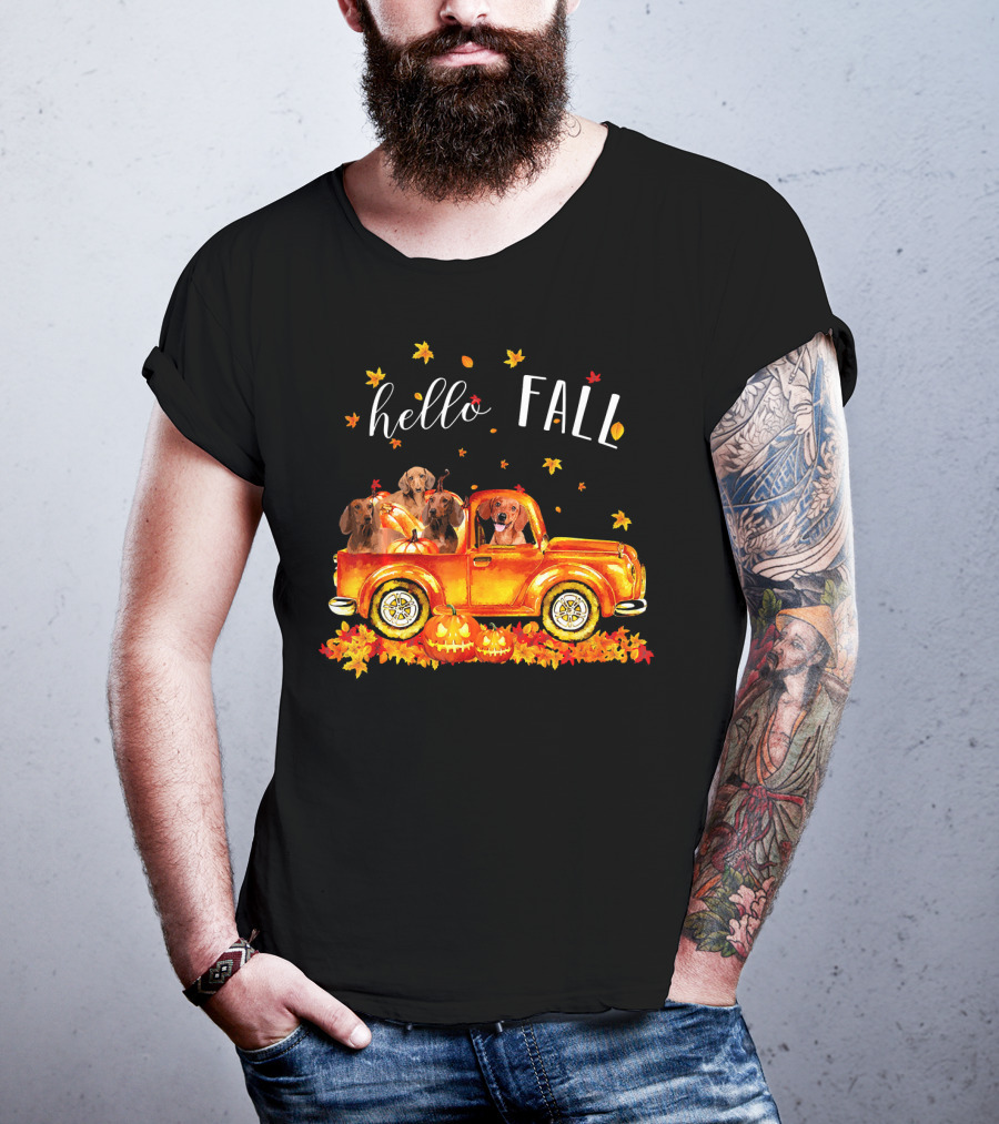 Hello Fall Dachshund Pumpkins Leaves Truck T-Shirt