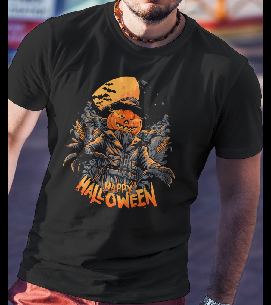 Happy Halloween Pumpkin Horror Moonlit Scarecrow Cornfield T-Shirt
