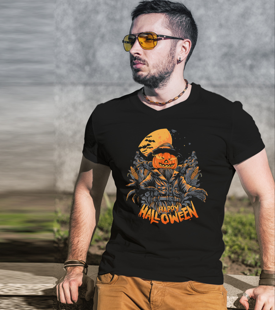 Happy Halloween Pumpkin Horror Moonlit Scarecrow Cornfield T-Shirt