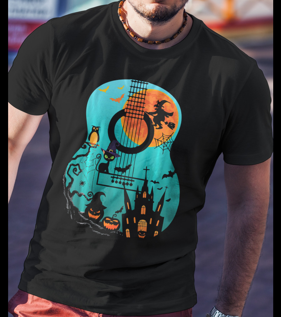 Guitar Lover Scary Halloween Pumpkin Music Witch Castle Cat Owl Bats Moon T-Shirt