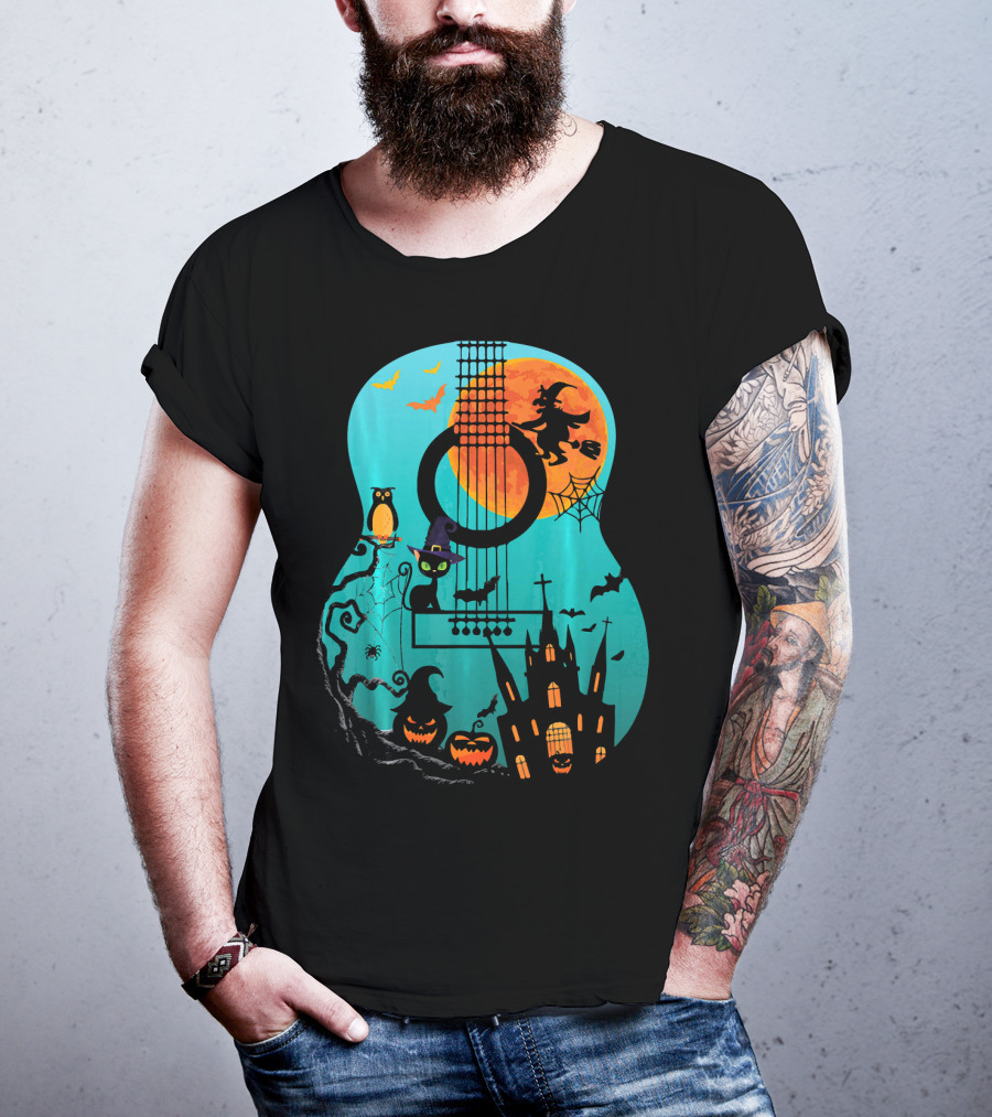 Guitar Lover Scary Halloween Pumpkin Music Witch Castle Cat Owl Bats Moon T-Shirt
