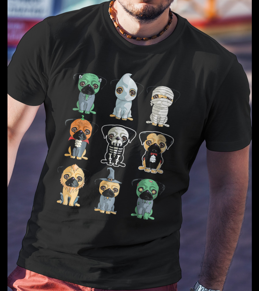 Cute Pugs Halloween Costumes Monster Ghost Mummy Vampire Skeleton Lion Wizard T-Shirt