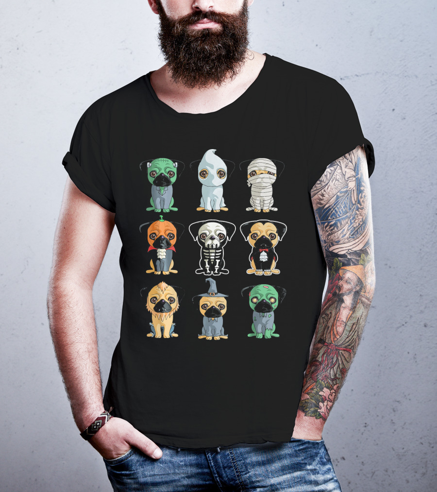 Cute Pugs Halloween Costumes Monster Ghost Mummy Vampire Skeleton Lion Wizard T-Shirt