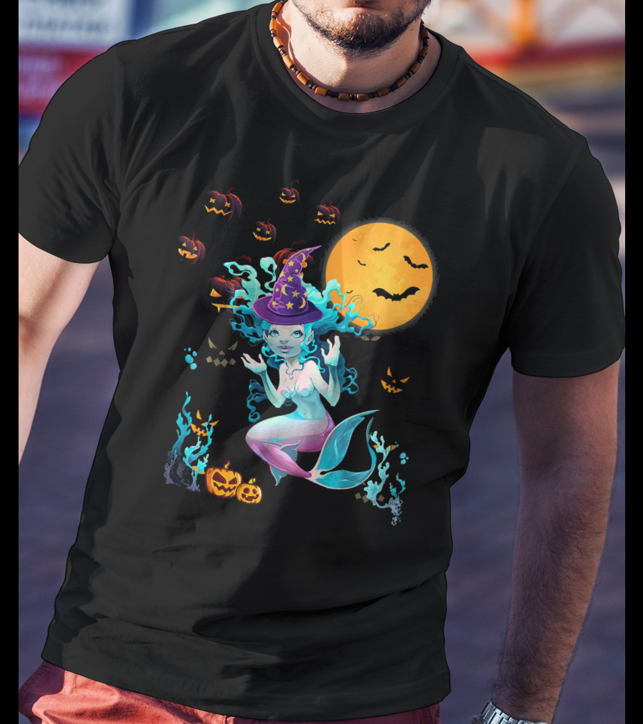 Halloween Mermaid Witch With Pumpkin Lanterns And Moon T-Shirt