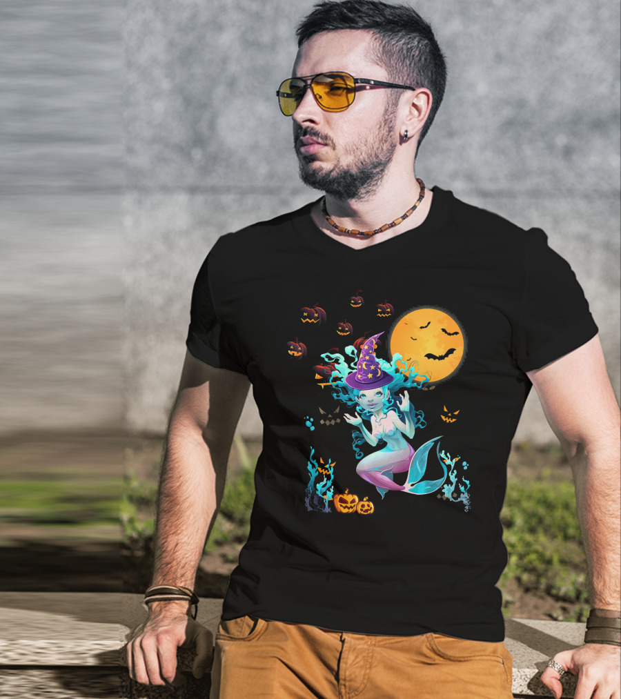 Halloween Mermaid Witch With Pumpkin Lanterns And Moon T-Shirt