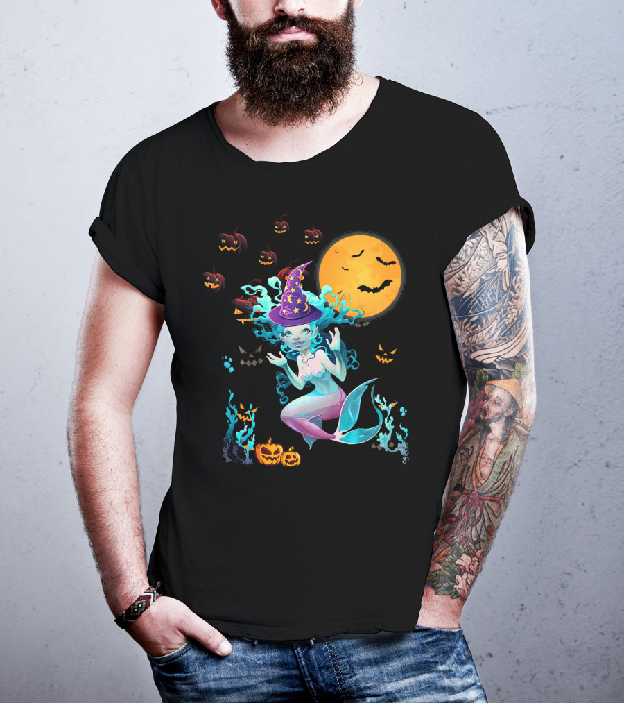 Halloween Mermaid Witch With Pumpkin Lanterns And Moon T-Shirt