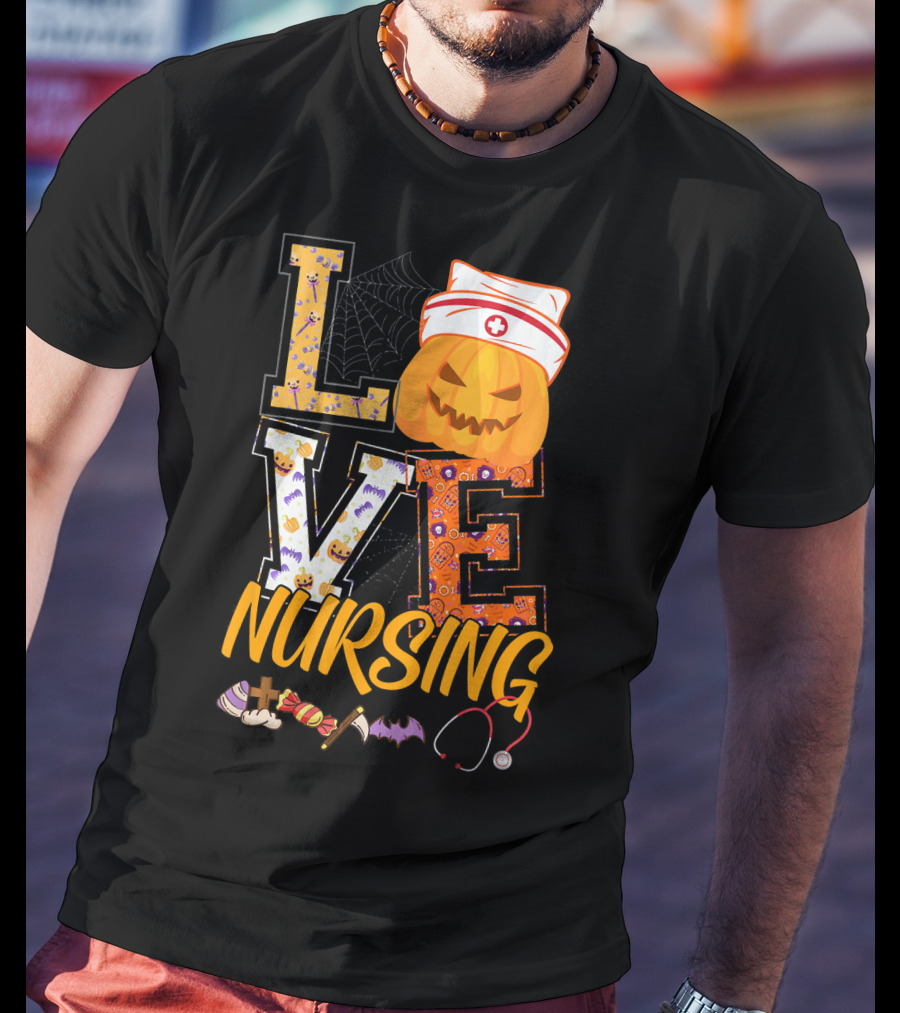 LOVE Nursing Pumpkin Halloween Nurse Stethoscope Spider Web Bat Candy T-Shirt