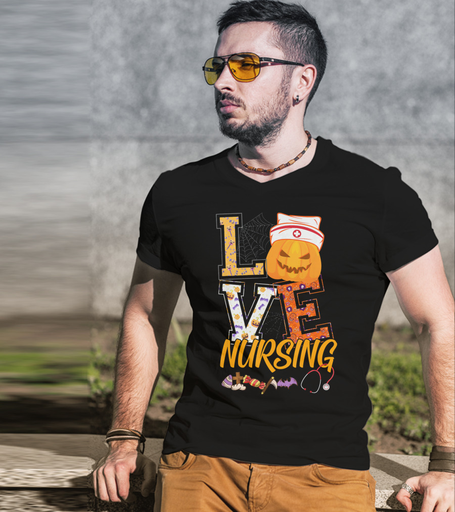 LOVE Nursing Pumpkin Halloween Nurse Stethoscope Spider Web Bat Candy T-Shirt
