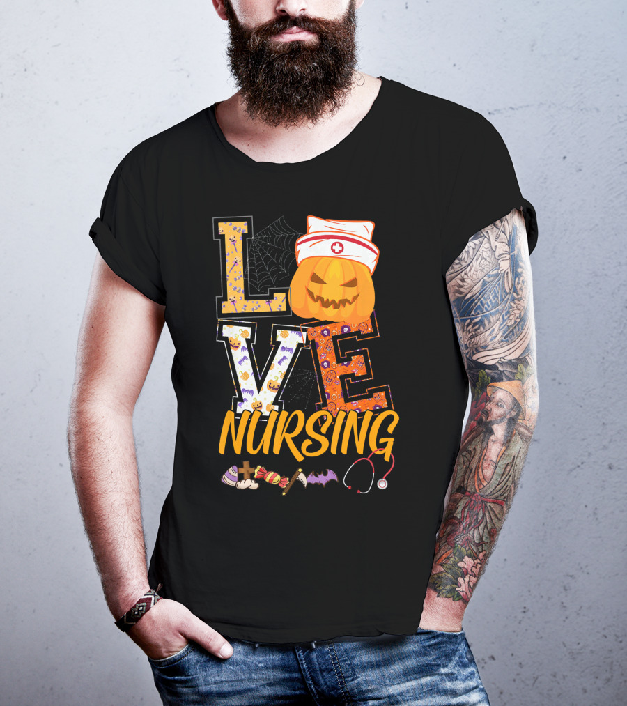 LOVE Nursing Pumpkin Halloween Nurse Stethoscope Spider Web Bat Candy T-Shirt