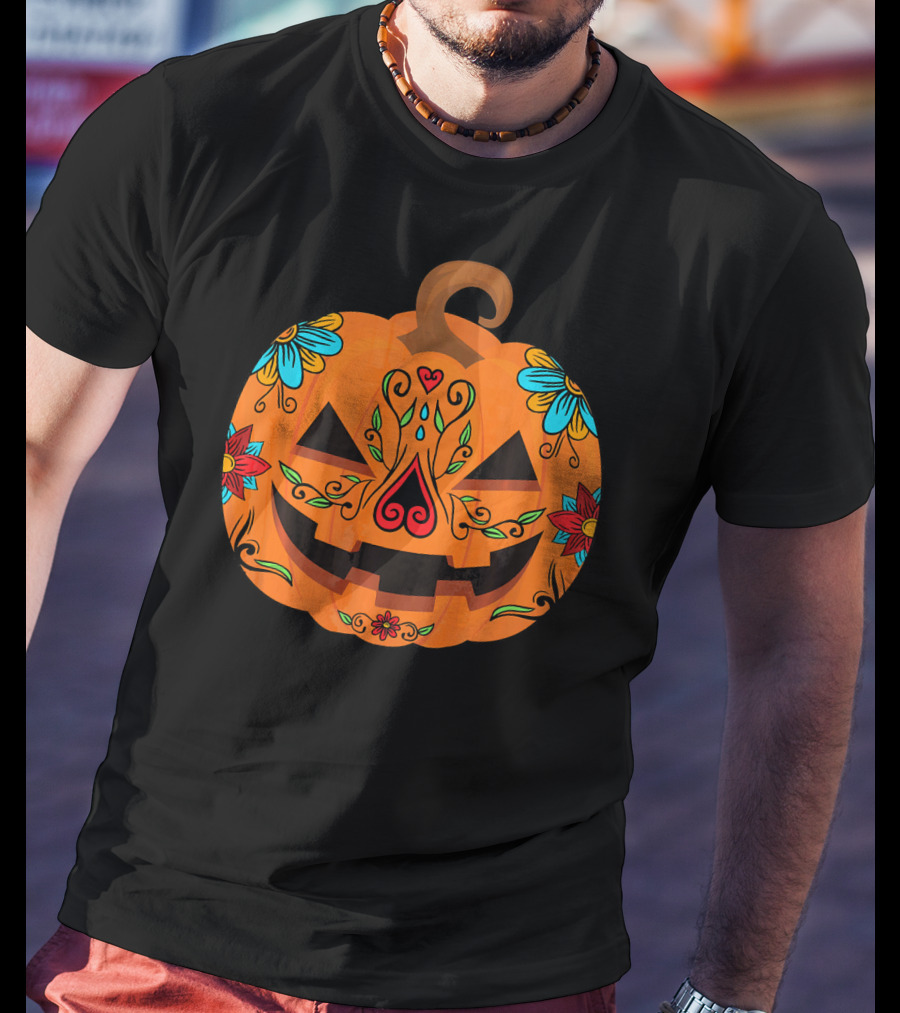 Pumpkin Sugar Skull Halloween Jack-O'-Lantern Floral T-Shirt