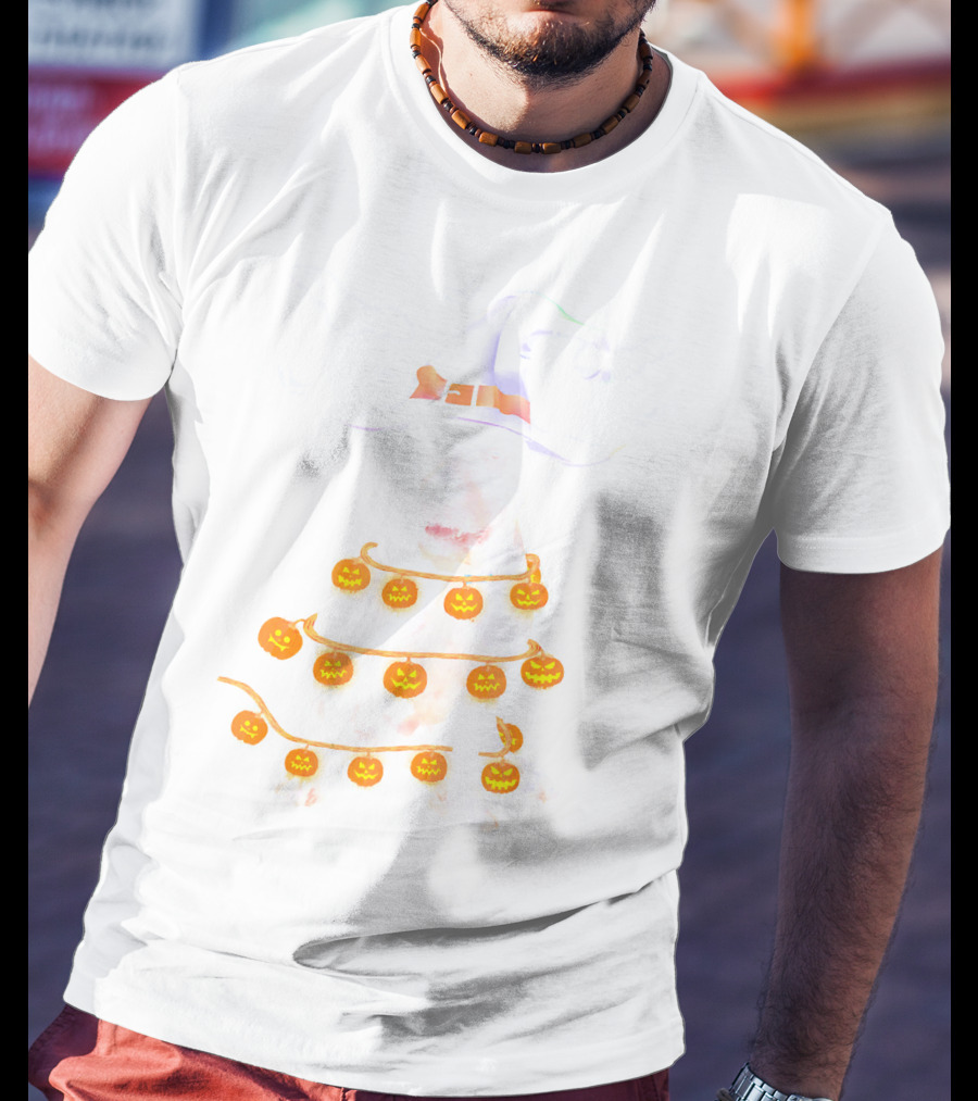 Pitbull Wrapped In Pumpkin Lights With Witch Hat And Bats Halloween T-Shirt