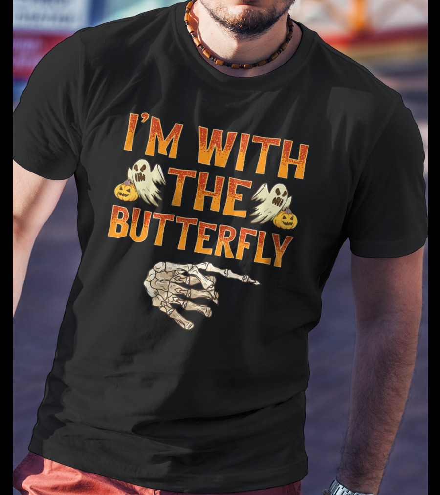 I'm With The Butterfly Ghosts Skeleton Hand Pumpkins T-Shirt