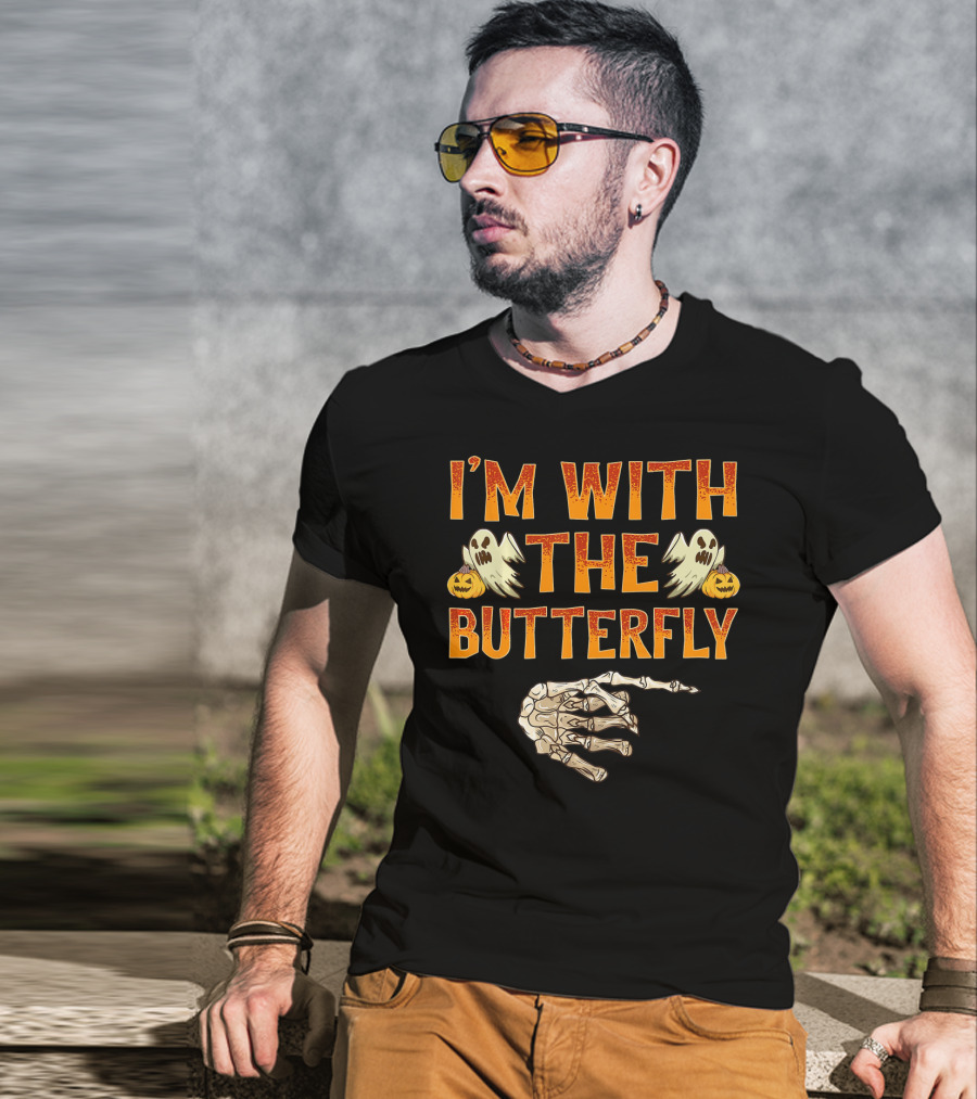 I'm With The Butterfly Ghosts Skeleton Hand Pumpkins T-Shirt