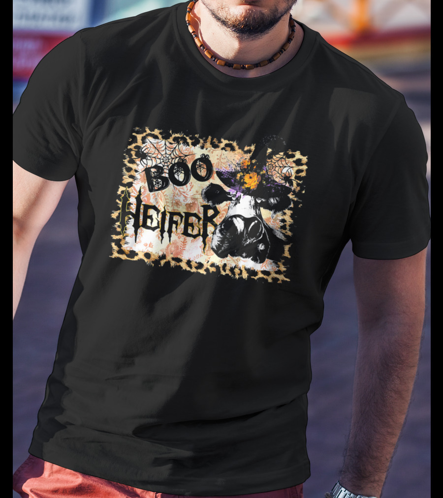 Boo Heifer Halloween Witch Hat Cow With Spider Webs T-Shirt