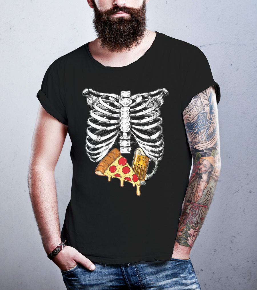 Skeleton Pregnancy Halloween Pizza And Beer Mug T-Shirt