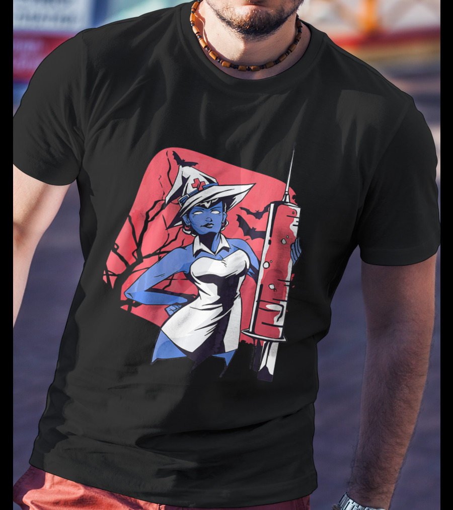 Halloween Witch Nurse Holding Syringe With Witch Hat And Bats T-Shirt