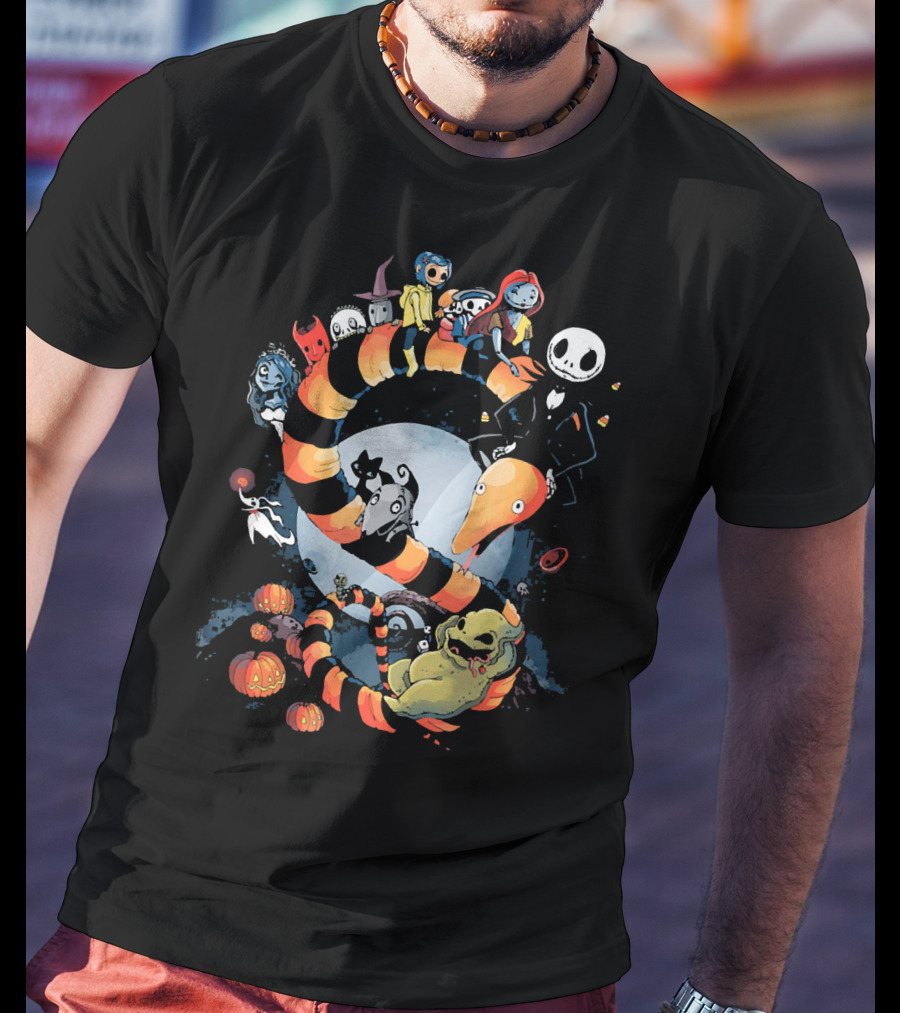 Nightmare Before Christmas Characters Riding Sandworm In Moonlit Halloween Scene T-Shirt