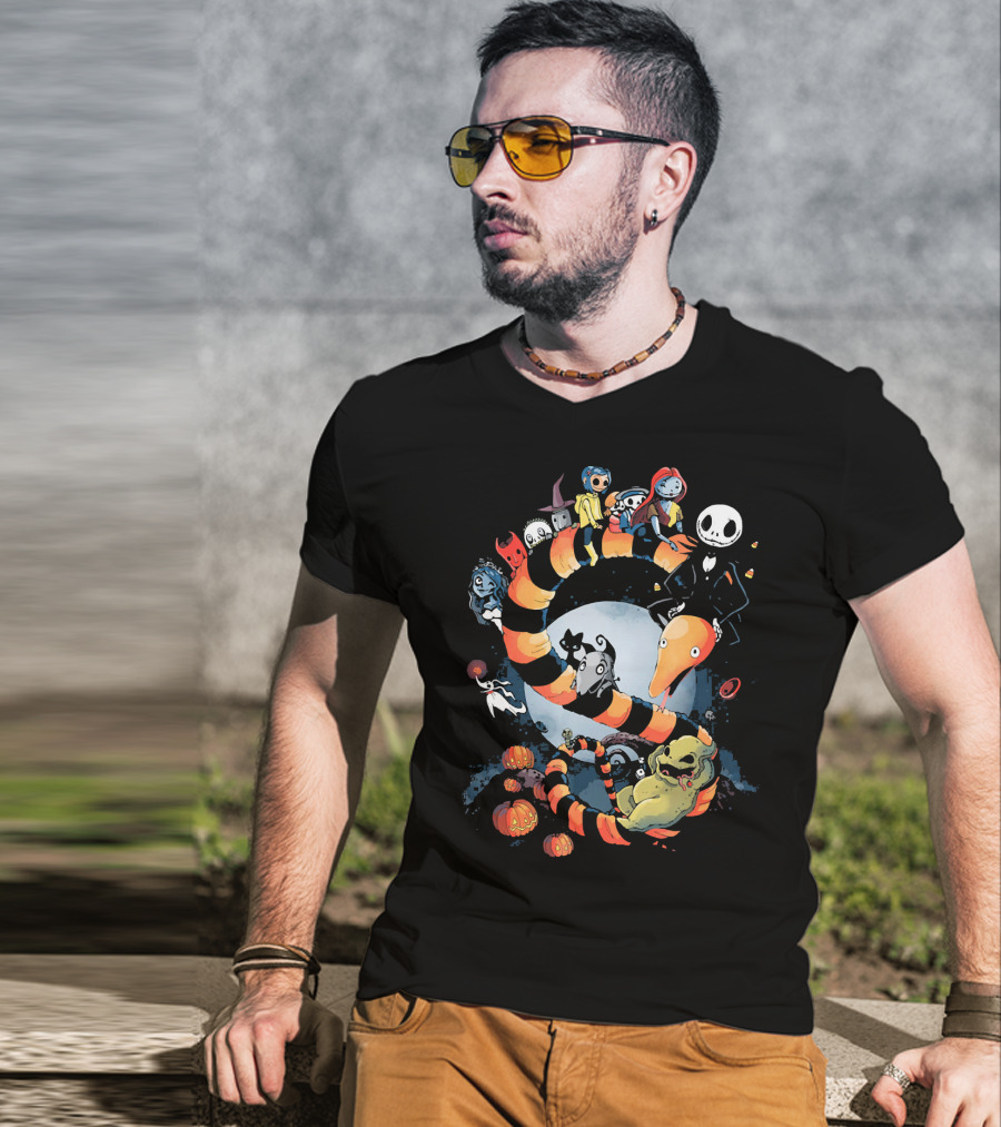 Nightmare Before Christmas Characters Riding Sandworm In Moonlit Halloween Scene T-Shirt