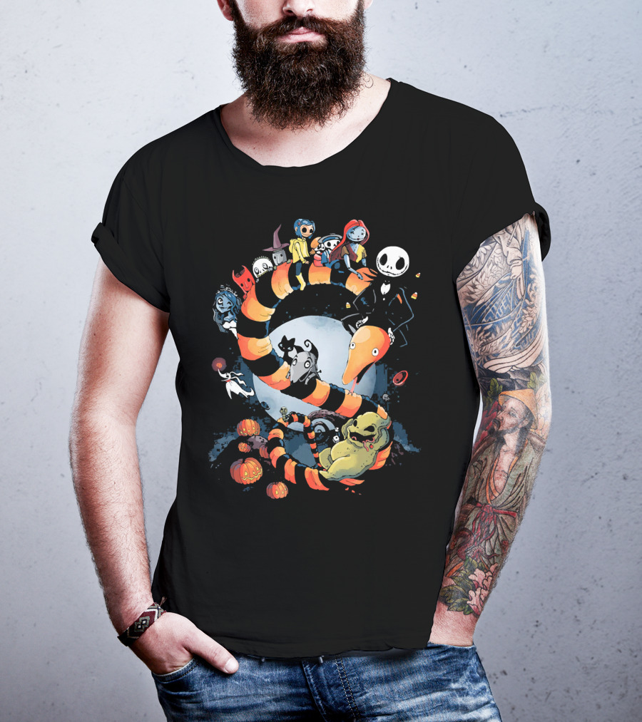 Nightmare Before Christmas Characters Riding Sandworm In Moonlit Halloween Scene T-Shirt