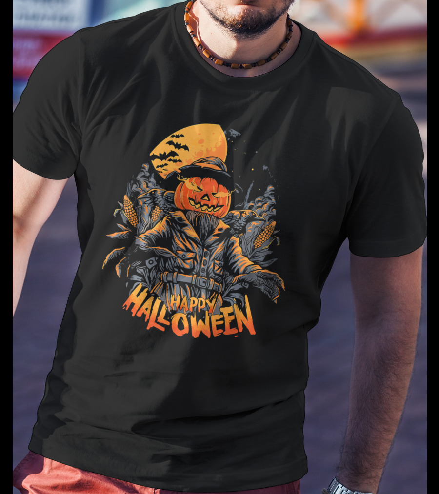 Happy Halloween Scarecrow Pumpkin Moonlit Scene T-Shirt