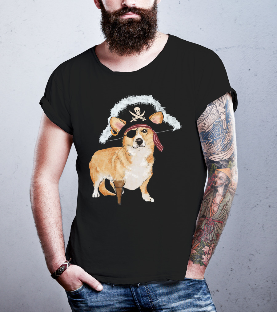 Funny Pirate Corgi Halloween Dog Lovers Skull Eyepatch Hat T-Shirt
