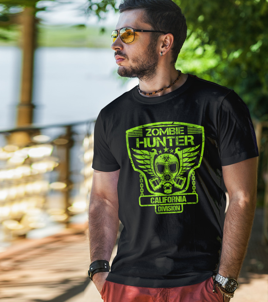 Zombie Hunter California Division Gas Mask Wings Emblem T-Shirt