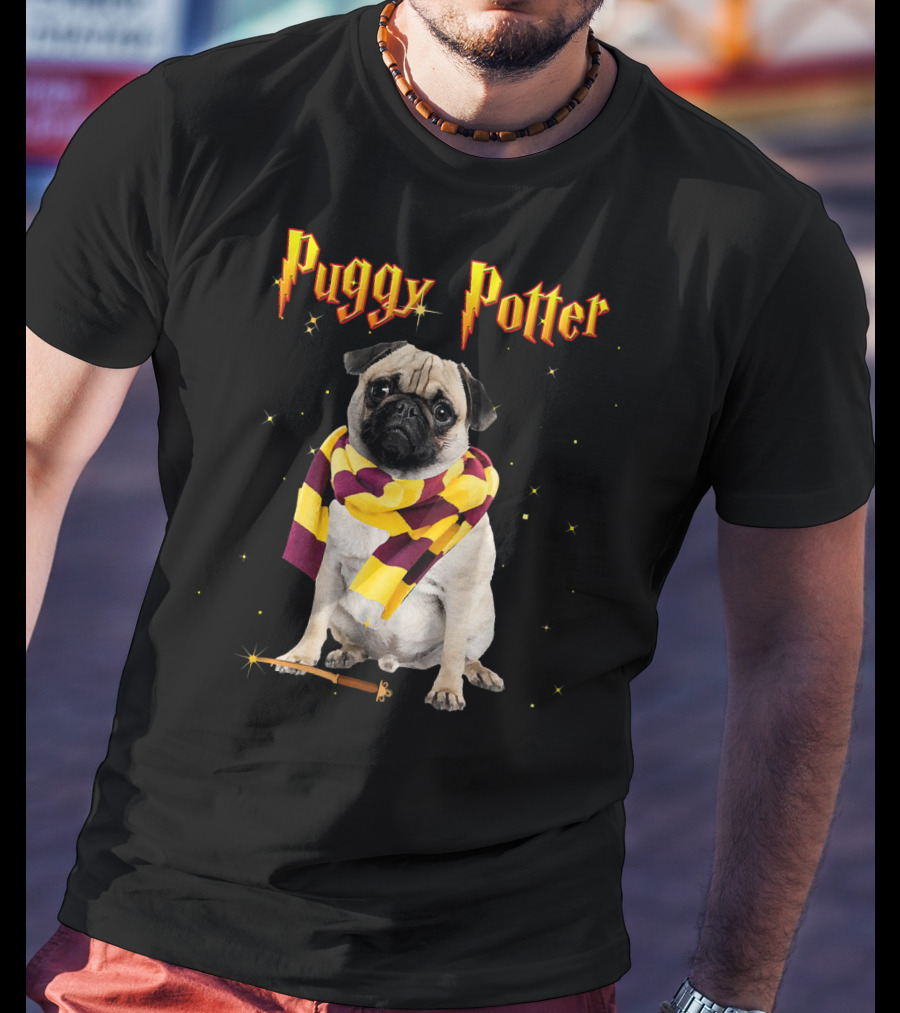 Puggy Potter Magic Wizard Pug With Scarf And Wand T-Shirt