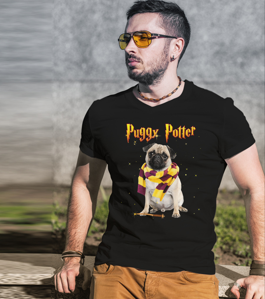 Puggy Potter Magic Wizard Pug With Scarf And Wand T-Shirt