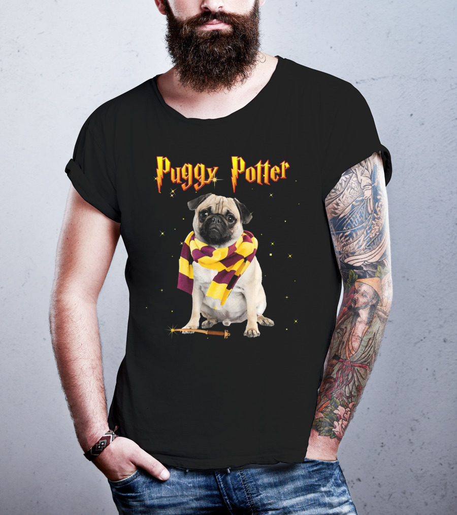 Puggy Potter Magic Wizard Pug With Scarf And Wand T-Shirt