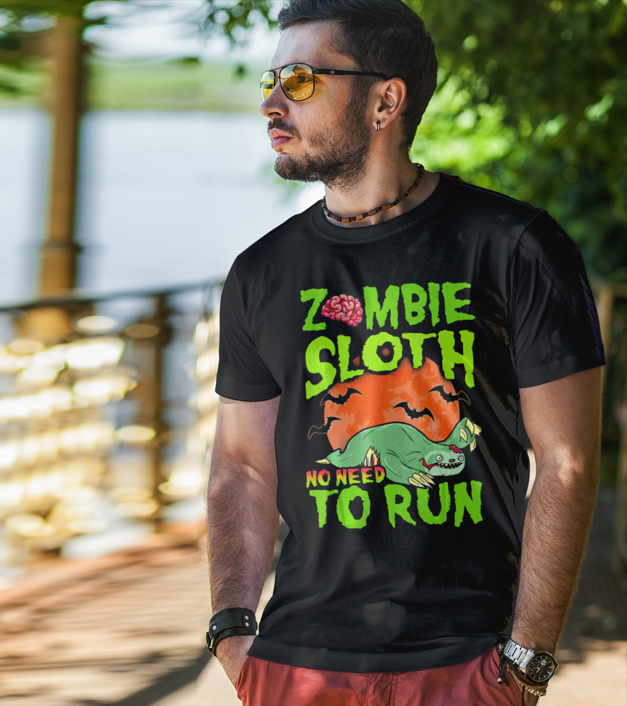 Zombie Sloth No Need To Run Halloween Brain Bats T-Shirt