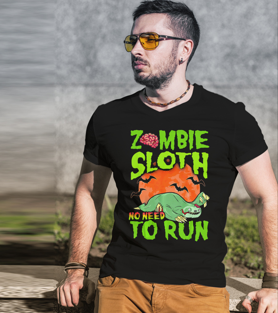 Zombie Sloth No Need To Run Halloween Brain Bats T-Shirt